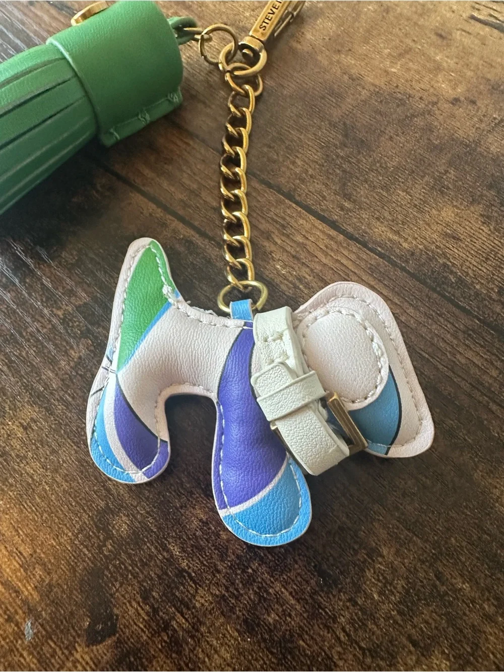 Steve Madden Blue White Multi Color Dog & Green Tassel Keychain Bag Charm NWOT